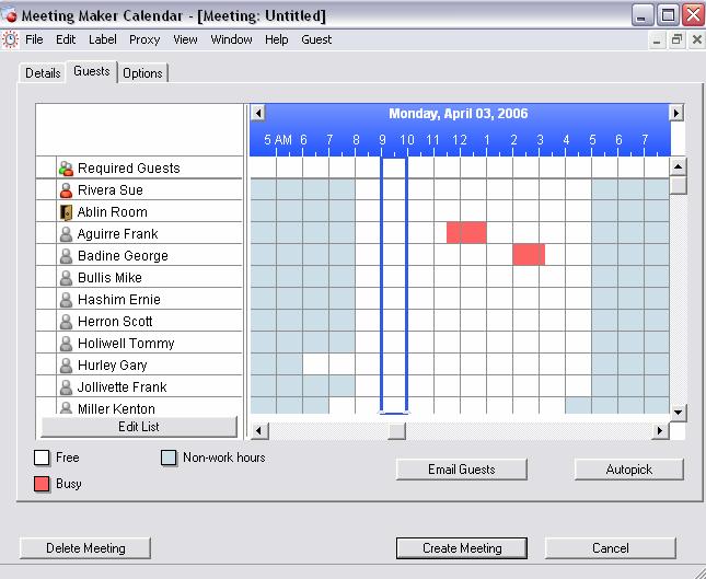 When you are done adding guests, click OK. The Add Guests to Meeting dialog box closes. The guests added appear in the busy time grid.