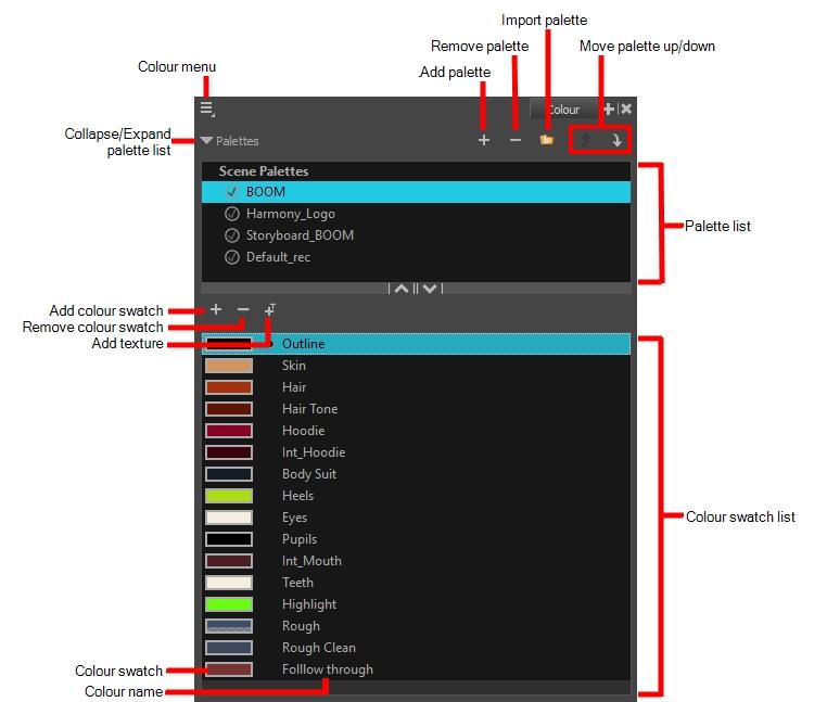 Harmony 15 Essentials Getting Started Guide Colour view The Colour view is where you create colours and palettes and import existing palettes into your project.