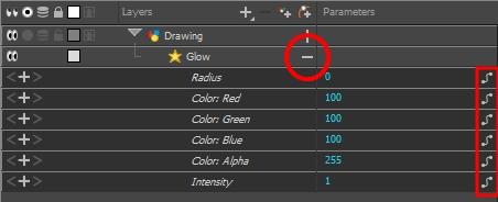 Harmony 15 Essentials Getting Started Guide In the Timeline view, expand the effect layer's parameters by clicking the Collapse/Expand button.