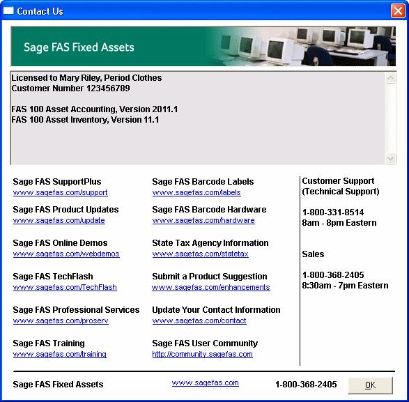 2-4 / FAS 100 Asset Inventory Contacting Sage FAS Sage FAS operates a web site for our customers. You can quickly access various pages on this web site from the Help menu. To contact Sage FAS 1.