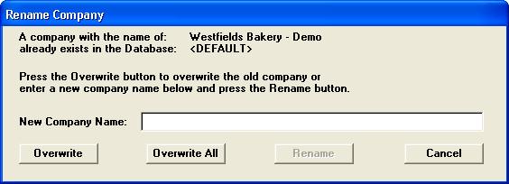 8-28 / FAS 100 Asset Inventory Note If you are restoring a backed-up company with the same name as a company already existing in the selected database, the Rename Company screen appears.