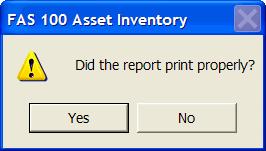 9-8 / FAS 100 Asset Inventory 4. Click Yes to print a report of the assets marked for deletion, or No to delete the asset(s) with no printed report.