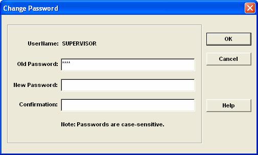Getting Started / 2-9 To change your password 1. Select File/Password Security/Change Password from the menu bar. The system displays the Change Password screen. 2. Complete the Change Password screen, then click OK.