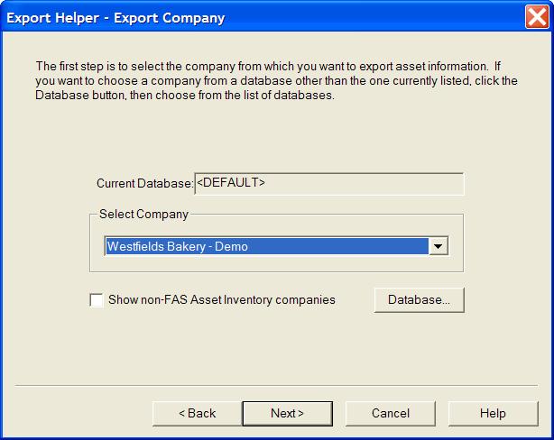 9-40 / FAS 100 Asset Inventory 3. Complete the Export Helper - Select Company screen. Current Database The system uses this field to display the currently selected database.