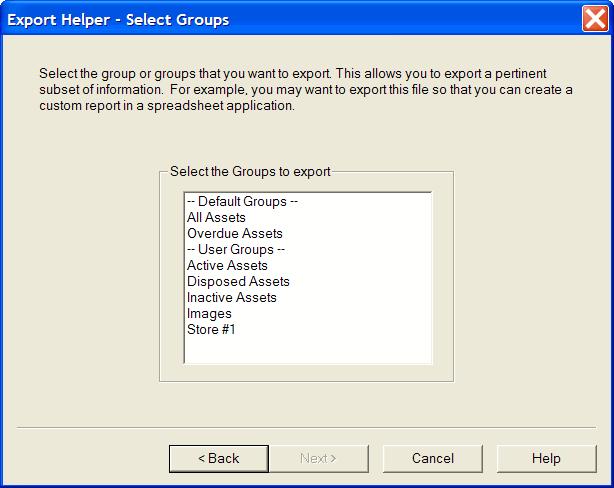 9-42 / FAS 100 Asset Inventory 8. Select the group(s) of assets you want to export to an ASCII file. Highlight the group(s) you want to select.