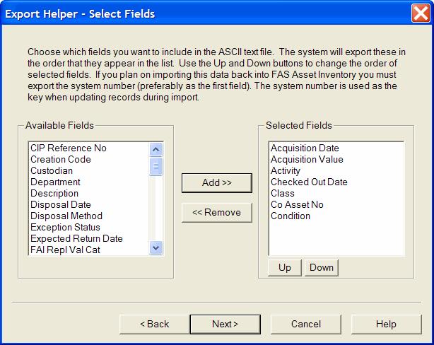Working with Assets / 9-43 Note If you are planning to reimport the file after editing the data, you must select System Number. 10. Complete the Export Helper - Select Fields screen.