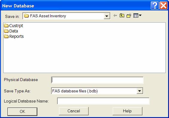 2-44 / FAS 100 Asset Inventory 4. Complete the New Database screen, and then click OK. See Completing the New Database Screen, page 2-50.
