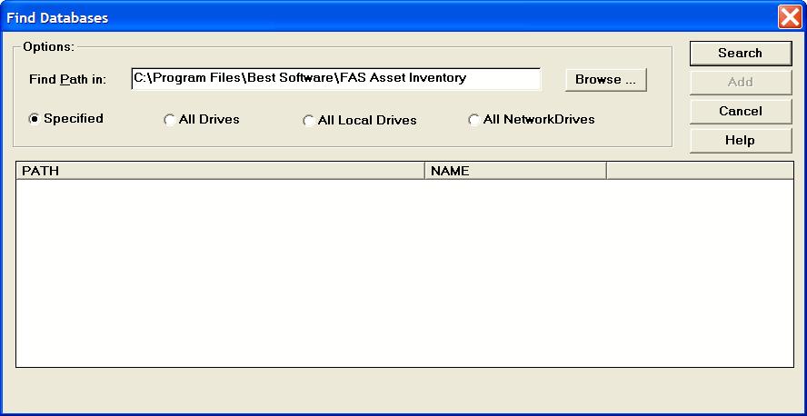 2-46 / FAS 100 Asset Inventory 3. Click the Find button. The system displays the Find Databases screen. 4.