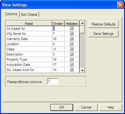 3-12 / FAS 100 Asset Inventory Using the Settings Menu Item to Modify Columns You can use the Settings item on the View menu to change the order of field columns (which affects how they appear in the