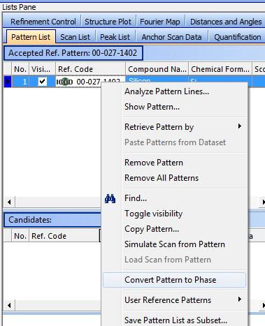 The reference card must be converted before you can use it as the starting basis for unit cell refinement After you have loaded the reference card(s), go to the Pattern List tab in the Lists Pane