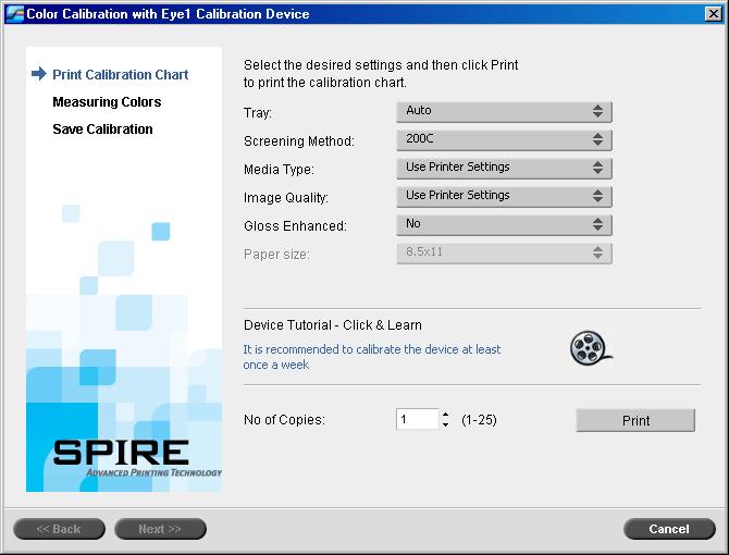 128 Chapter 6 Color Workflow Creating a Calibration Table 1. From the Tools menu, select Calibration. 2. In the Calibration window, click Calibrate. The Calibration Wizard window appears.