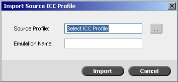 Color Tools 139 The Source Profile tab appears, and the predefined source ICC profiles are displayed. 3. Click the Import button. The Import Source ICC Profile dialog box appears. 4.