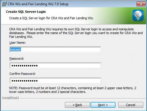 Create SQL Server Login Screen You use the Create SQL Server Login screen to create a SQL Server account user name and password: To create your SQL Server login information, follow these steps: This