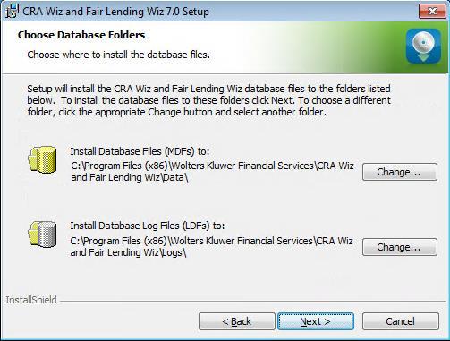 Choose Database Folders You use the Choose Destination Folder screen to select installation paths for data and log files: This screen displays only for custom installations.