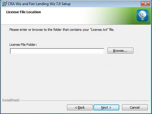 The software displays the License File Location screen. License File Location Screen To license the software, follow these steps: 1. Click the Browse button. 2.
