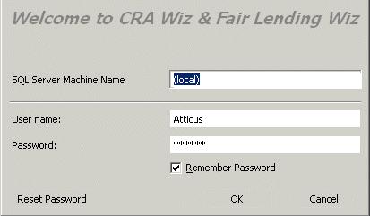 Wiz Login Screen The first time you run CRA Wiz and Fair Lending Wiz Client you must enter your login information. To enter your login information, follow these steps: 1.
