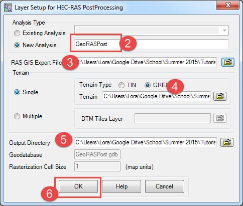 Setup New Project 1. Select Layer Setup from the RAS mapping drop-down menu. 2. Select New Analysis and assign a file name. 3. Select the XML file containing the RAS export. 4.