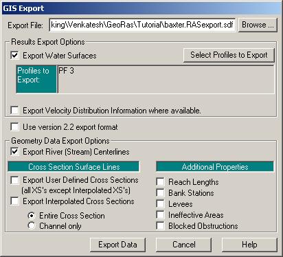 Click on Export Data button, which will create a SDF file in your working directory. Save the HEC-RAS project and exit.
