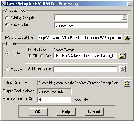 In the layer setup for post-processing, first select the New Analysis option, and name the new analysis as Steady Flow. Browse to Baxter..RASexport.xml for RAS GIS Export File.