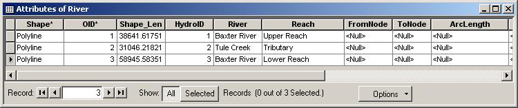 Also note that there are still some unpopulated attributes in the River feature class (FromNode, ToNode, etc.).