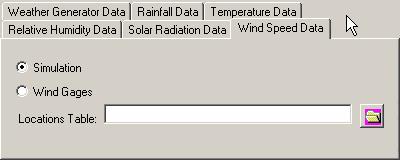 Figure 7.6 To use measured solar radiation data, select the Solar Gages radio button. Click the open file folder button next to the Locations Table text box.