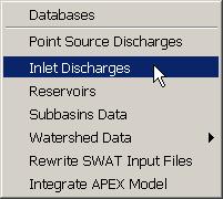 SECTION 10: INPUT MODIFICATION INLET DISCHARGES The Edit SWAT Input menu allows you to edit the SWAT model databases and the watershed database files containing the current inputs for the SWAT model.