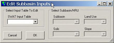 Figure 12.3 This dialog box is designed to facilitate the navigation and editing of the SWAT input data related to subbasins and HRUs. The dialog box contains four two sections. 1. Select Input Table to Edit: This section contains a combo box that allows the user to select the table in the SWAT Project Geodatabase that will be edited.