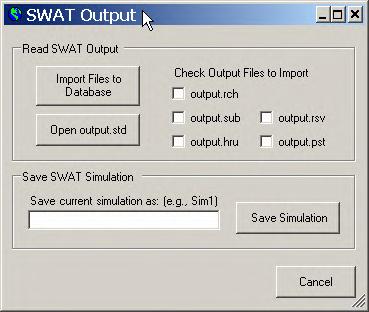 Having SWAT output data in a database table format provides a convenient format for extracting output of interest. 1. Select Read SWAT Output from the SWAT Simulation menu (Figure 14.16). Figure 14.