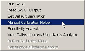 SECTION 14.4: MANUAL CALIBRATION HELPER The third command in the SWAT Simulation menu opens the Manual Calibration Helper dialog.