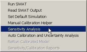 SECTION 14.5: SENSITIVITY ANALYSIS The second command in the SWAT Simulation menu launches the SWAT Sensitivity Analysis dialog. Sensitivity analysis can be run with or without observed data.