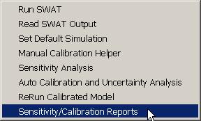 1. Select Sensitivity/Calibration Reports from the SWAT Simulation menu (Figure 14.82) Figure 14.82 2.