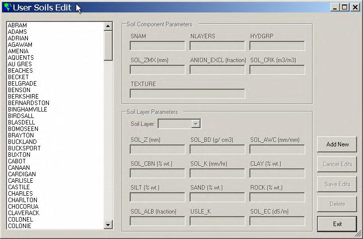 2. The User Soils Edit dialog box will be displayed (Figure 15.6) Figure 15.6 A list of soils in the custom database is displayed on the left side of the dialog box. 3.