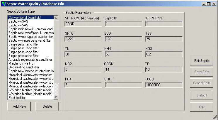 Figure 15.67 A list of septic system types in the septwq database is displayed on the left side of the dialog box. 3.