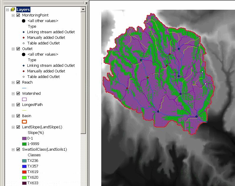 Figure 16.31 30. Once the land use, soil, and slope datasets have been loaded and reclassified, click the button labeled Overlay at the bottom of the Land Use/Soil/Slope Definition dialog box. 31.