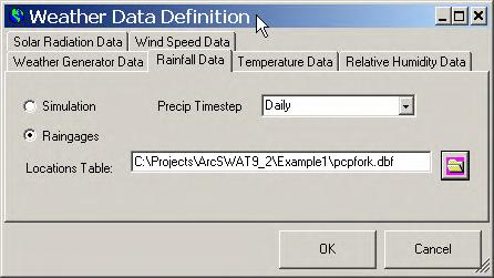 Figure 16.34 5. To load the table containing the locations of the rain gage stations, click Temperature Data tab of the Weather Data Definition dialog. Click the radio button next to Climate Stations.