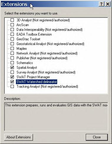 SECTION 4: GETTING STARTED WITH ARCSWAT To start the ArcSWAT Interface 1. Start ArcMap and open an empty document 2. On the Tools menu, click Extensions 3.