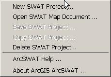 SECTION 4.1: ARCSWAT TOOLBAR ITEMS The following sections describe the functionality of the different menus available from the ArcSWAT Toolbar. SECTION 4.1.1: SWAT PROJECT SETUP MENU The SWAT Project Setup menu contains items that control the setup and management of SWAT projects.