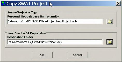 SECTION 4.2.4: COPY SWAT PROJECT To copy an ArcSWAT project: 1. From the SWAT Project Setup menu, click the Copy SWAT Project command. 2. The Copy SWAT Project dialog will appear.
