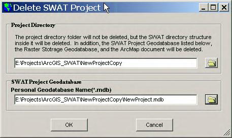 Figure 4.16 3. Click OK. The specified ArcSWAT project will be deleted. Only the SWAT directory structure, the associated geodatabases, and the ArcMap document will be removed.