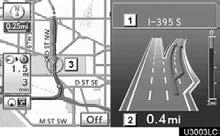 NAVIGATION SYSTEM: ROUTE GUIDANCE When approaching a freeway exit or junction When the vehicle approaches an exit or junction, the guidance screen for the freeway will be displayed.