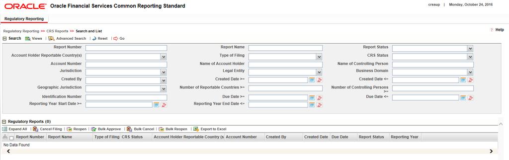 Users mapped to CRS Analyst, CRS Supervisor, and CRS Auditor role can access the Regulatory Reporting Menu. Users mapped to CRS Admin role can access the CRS Assessment Configuration menu.