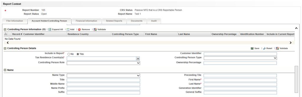 Filing and Submitting CRS Reports for Approval Controlling Person Information This section displays details about the Controlling Person information as specified.