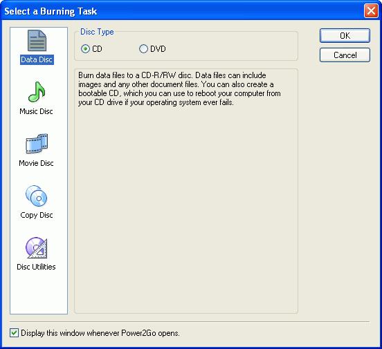 Power2Go Mode Chapter 1: Introduction Power2Go mode opens in a program interface. By default, the Select a Burning Task window opens each time you run the program in Power2Go mode.