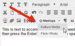 4. In the third row of the toolbar, click on the Mashups button, then click on Kaltura Media. 5. A new Media Gallery web browser window should pop up.