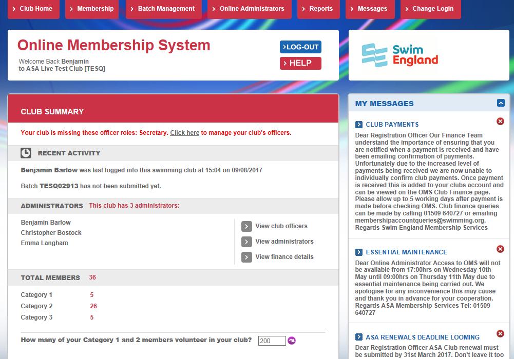 The roles you have been registered for are displayed here, using this example the individual logged in, is an Online Administrator for Macclesfield Swimming Club and is a member.