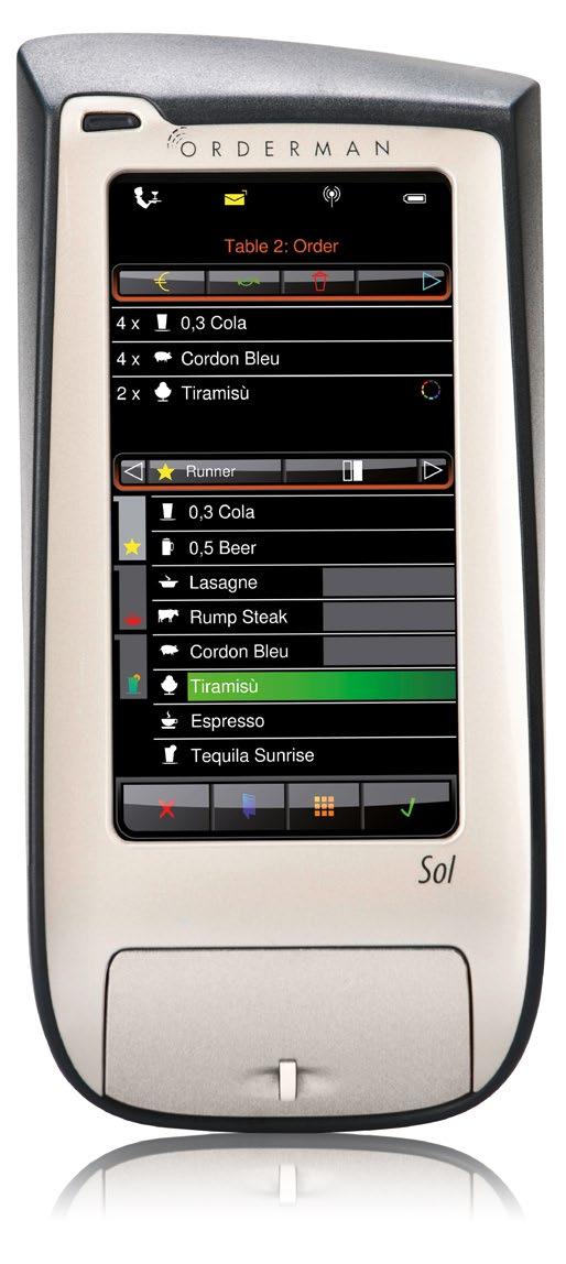 ORDERMAN SOL Benefits at a Glance Intelligent design, optimized for the hospitality industry Long battery life (up to 18 hours) Position sensor for automatic 180º display rotation and standby mode