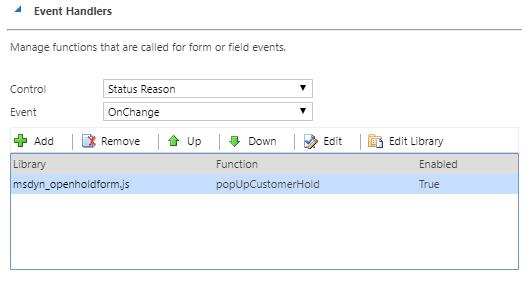 Go to Even Handlers, after adding the web resource. And add this on Status Reason change events and add popupcustomerhold in function as shown below.