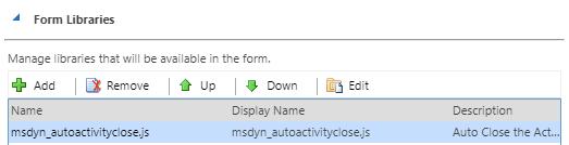 From the entity list in the customize system window chose Hold Activity entity, open main form and Go to Form Properties now, as shown below Click on Add in Form Libraries and chose