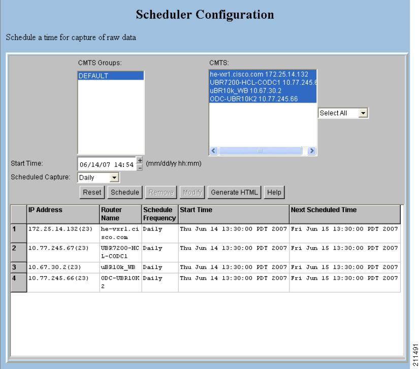 Chapter 3 Showing and Configuring the Flap List Analysis Figure 3-20 Scheduler Configuration Dialog Box To schedule a time to capture raw data from one or more Cisco CMTSs: Step 4 From the