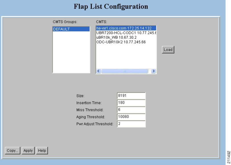 Showing and Configuring the Flap List Analysis Chapter 3 Figure 3-21 Flap List Configuration Dialog Box For a Cisco CMTS, the administrator can specify the following criteria for a flap list: Maximum